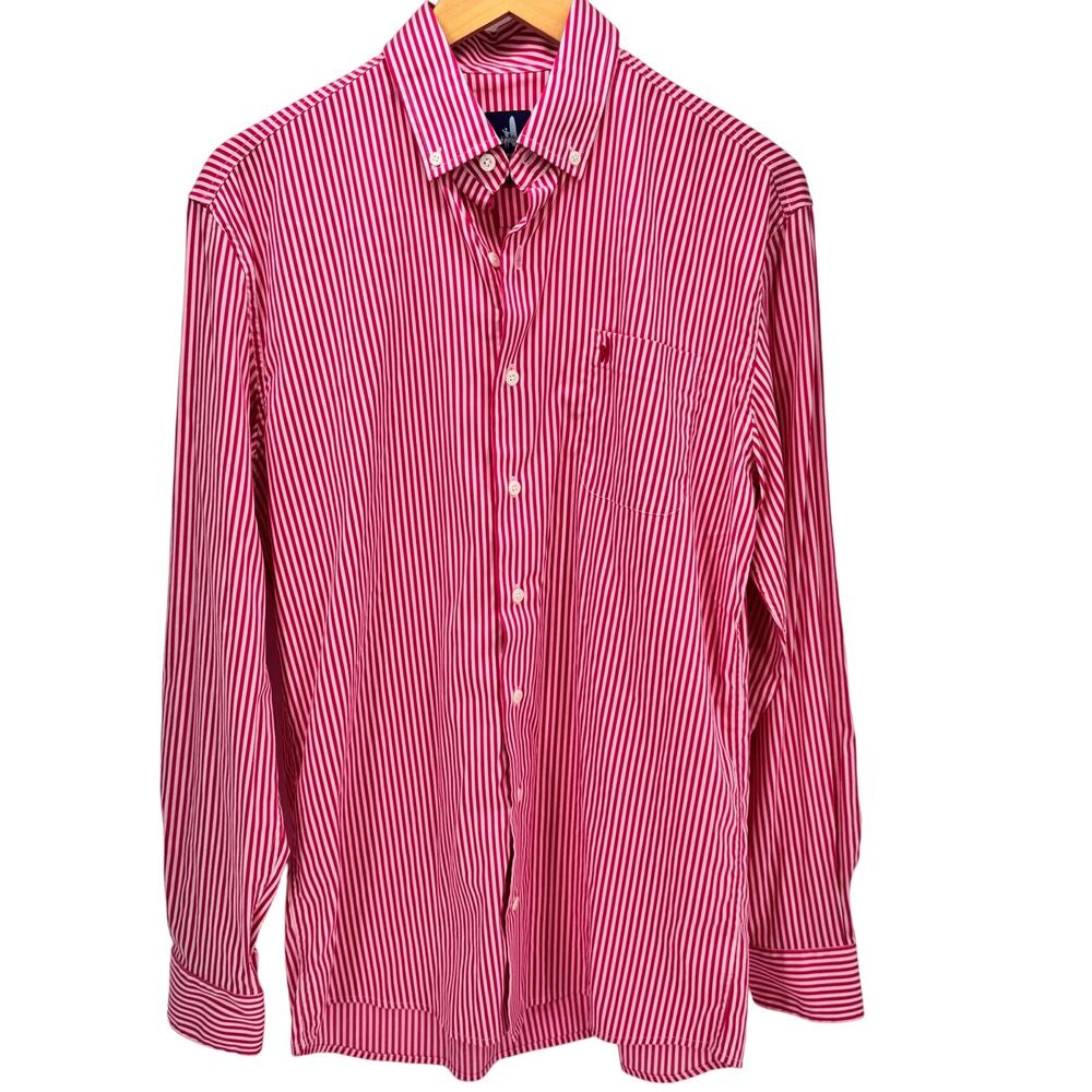Johnnie O Shirt Mens Medium Performance Button Down Pink Valentine Stripe Bamboo
